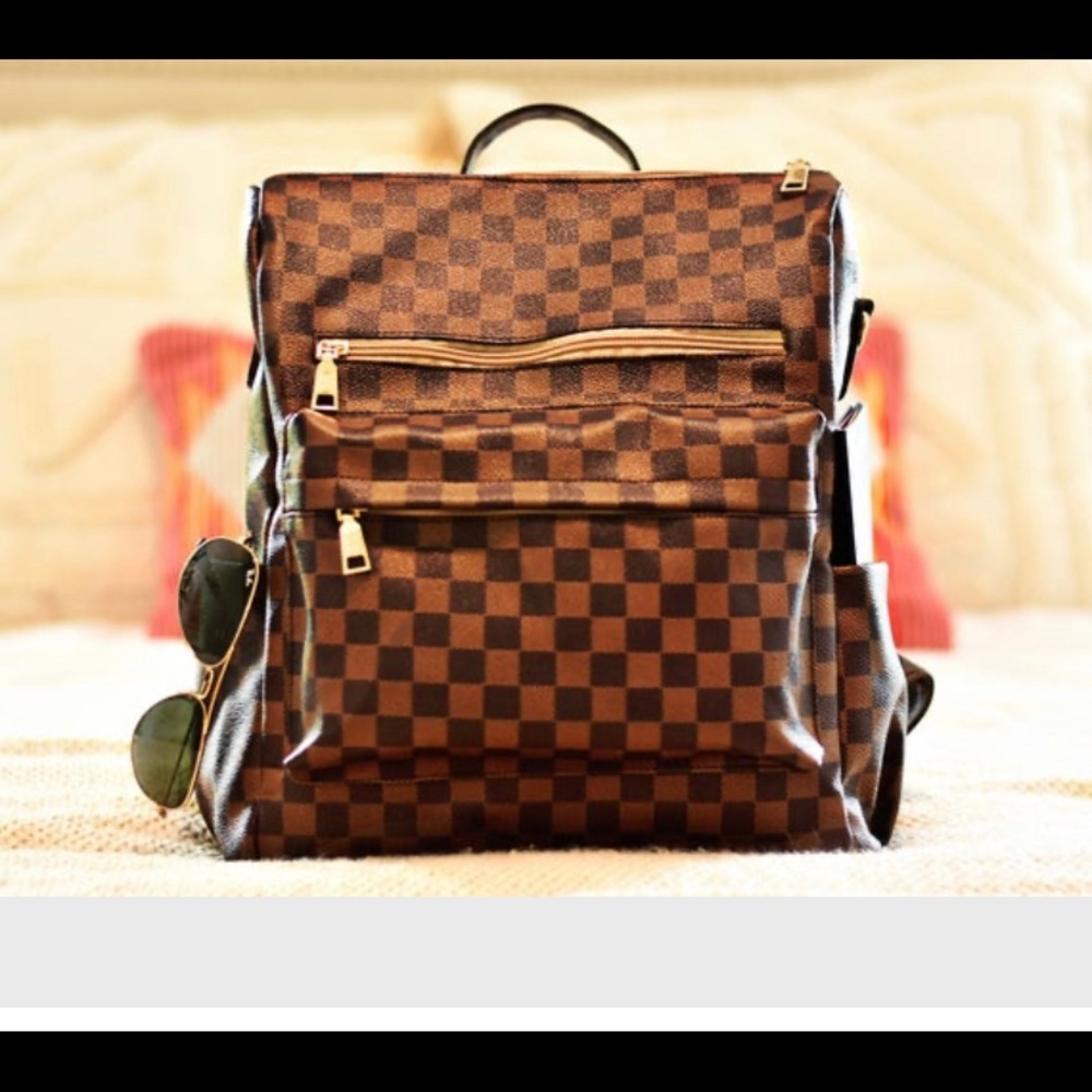 Brown Checkered Backpack